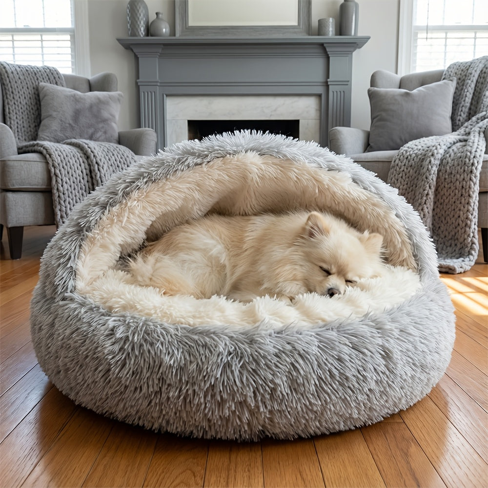 Calming Shell-Shaped Pet Bed - Semi-Enclosed Orthopedic Cave for Dogs & Cats- Plush, Cozy, Grey